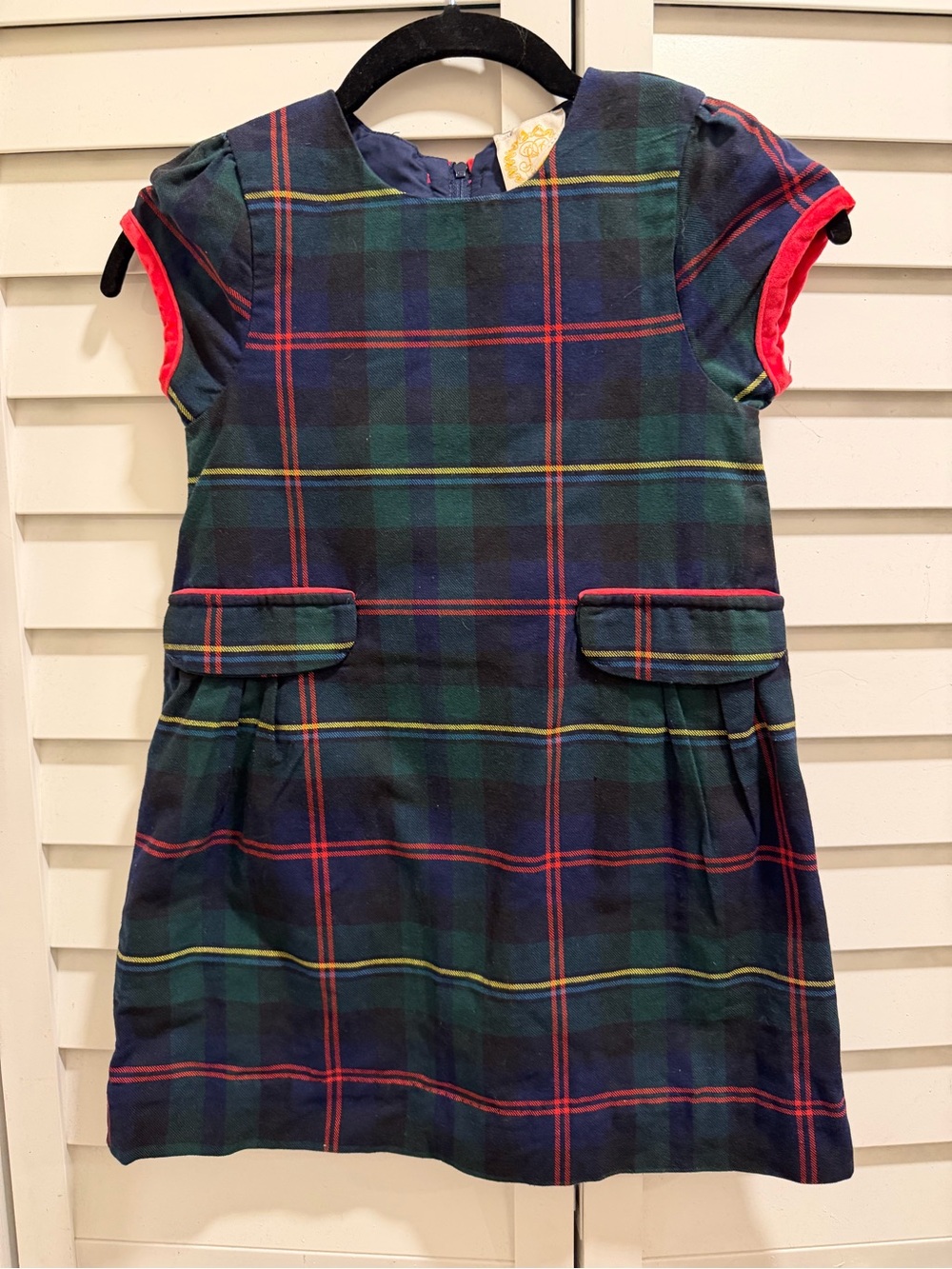 NWOT The Beaufort Bonnet Company Green and Navy Plaid Dress with Red Trim/Bows